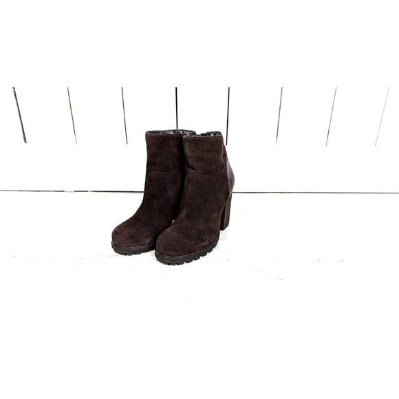 Brown suede leather chunky heel ankle boot - Picture 2 of 9
